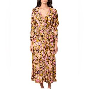 NEW NWT ByTiMo Autumn Flowers Viscose Floral Fitted Ruffle Ruching Dress Size XS